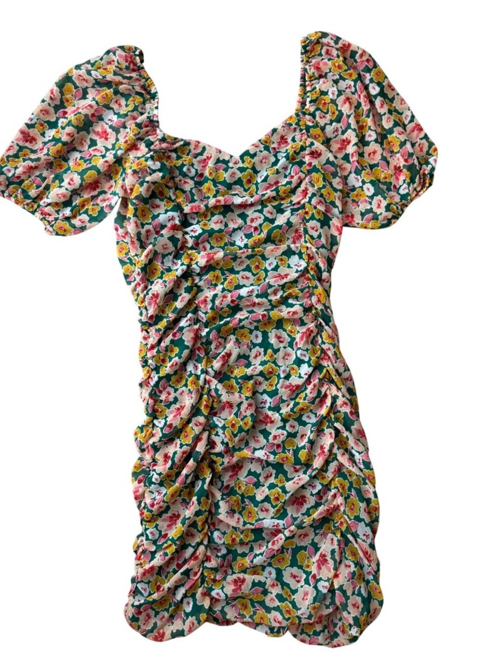 Lush Floral Mini Dress Green Pink Floral Ruched Bodycon Feminine Size M - Picture 10 of 10